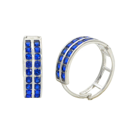 Sterling Silver Huggie Hoop Earrings 2 Row Dark Blue Cubic Zirconia 16mm x 5mm - Jewelryland.com