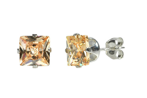 Square Champagne CZ Stud Earrings Silver Princess Cut Prong - Jewelryland.com