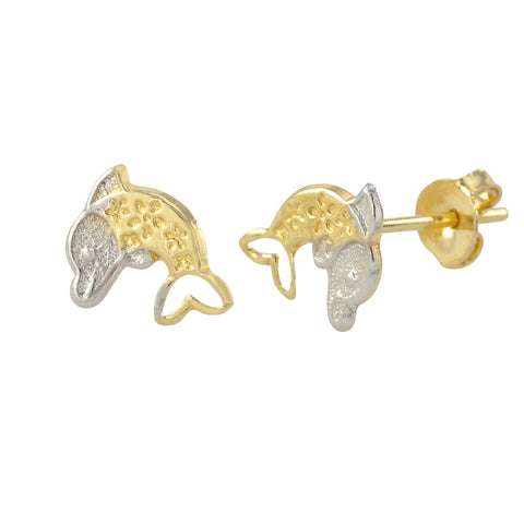 10k Gold Mini Dolphin Earrings 2 Tone Yellow Gold White Gold Pushbacks 8x6 - Jewelryland.com