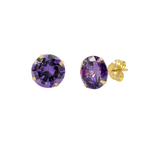 14k Yellow Gold Purple Amethyst Cubic Zirconia Stud Earrings Round Birthstone CZ - Jewelryland.com