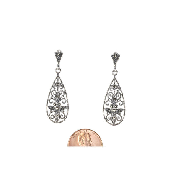 Marcasite Dangle Earrings .925 Sterling Silver Vintage Style 40mm Fancy Teardrop - Jewelryland.com