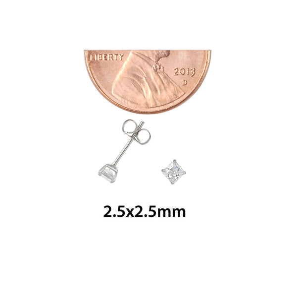 10k White Gold Square Stud Earrings Clear CZ Cubic Zirconia Princess Cut Basket - Jewelryland.com