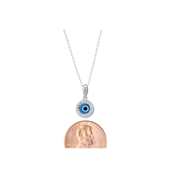 Sterling Silver Mini Evil Eye Pendant Necklace with CZ Cubic Zirconia - Jewelryland.com