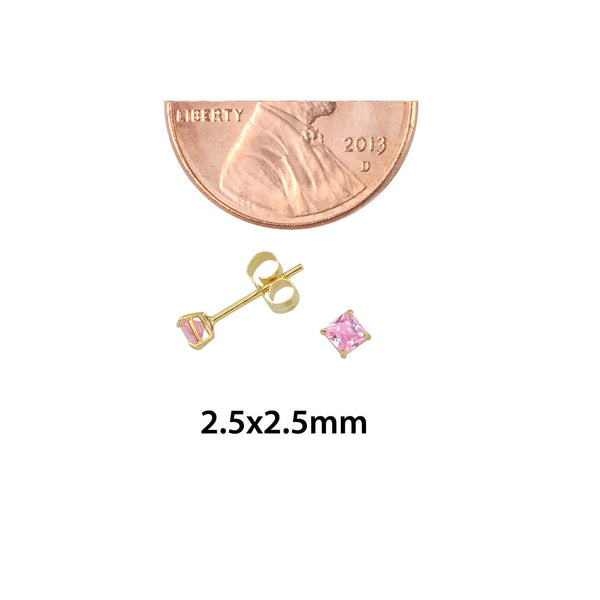10k Yellow Gold Square Pink CZ Stud Earrings Cubic Zirconia Basket Set - Jewelryland.com