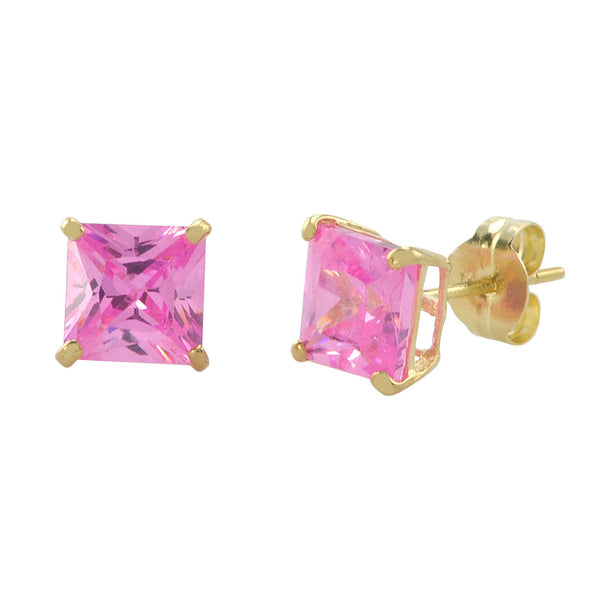 10k Yellow Gold Square Pink CZ Stud Earrings Cubic Zirconia Basket Set - Jewelryland.com