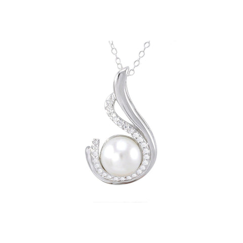 White Freshwater Pearl Necklace Fancy White CZ Design Sterling Silver, 18" Chain - Jewelryland.com