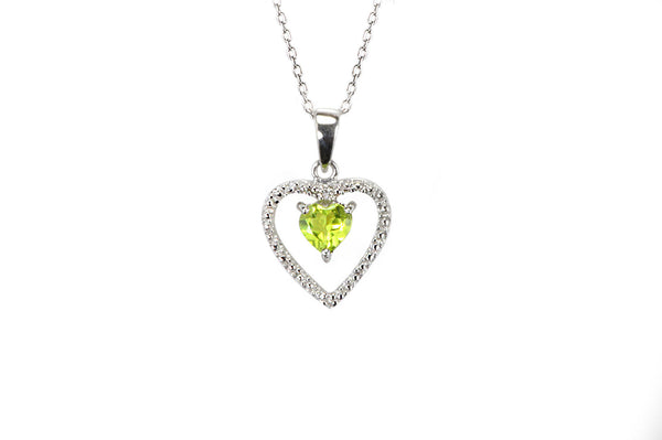 925 Sterling Silver Genuine 1pt Diamond and Peridot Open Heart Pendant Necklace - Jewelryland.com