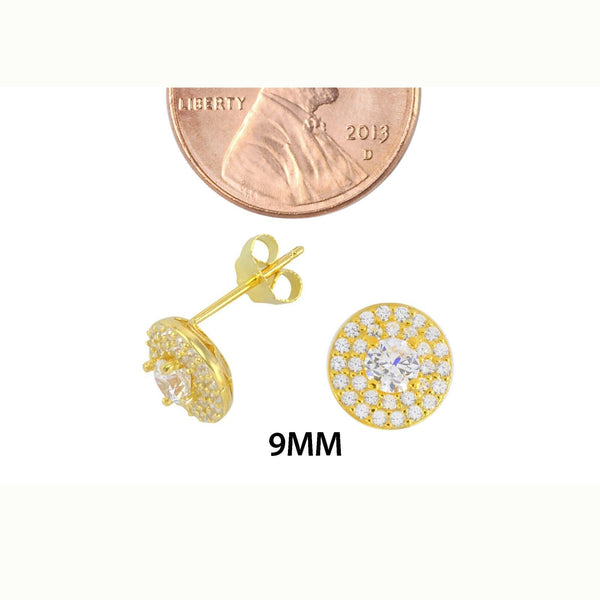Stud Earrings Yellow Gold Plate Pave White CZ Cubic Zirconia 9mm Circle MP Frame - Jewelryland.com