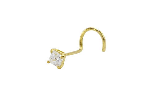 Nose Stud 22G 14k Yellow Gold 3mm Square White CZ Nose Screw Basket Setting - Jewelryland.com