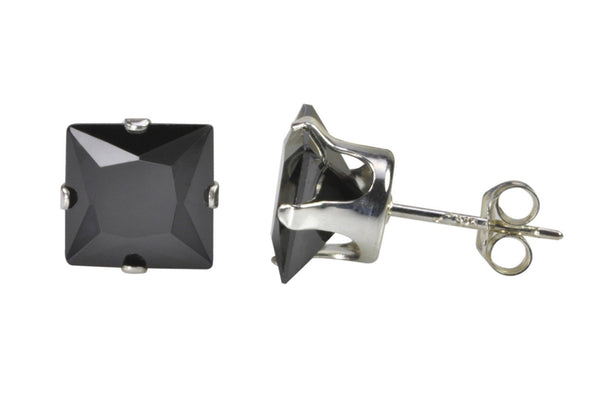 Black Square Cubic Zirconia Stud Earrings CZ Prong Set 925 Sterling Silver - Jewelryland.com
