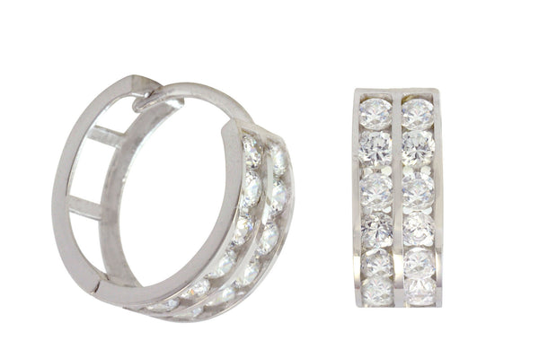 10k White Gold CZ Huggie Hoop Earrings Two Row Cubic Zirconia 13mm x 5mm - Jewelryland.com