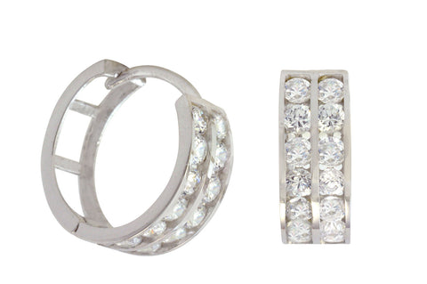 10k White Gold CZ Huggie Hoop Earrings Two Row Cubic Zirconia 13mm x 5mm - Jewelryland.com