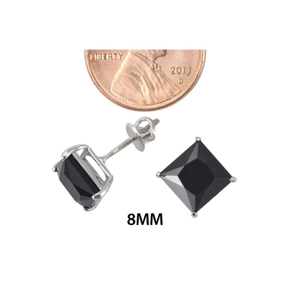 Sterling Silver Screwback Earrings Black CZ Studs Square Princess Cut Basket Set - Jewelryland.com