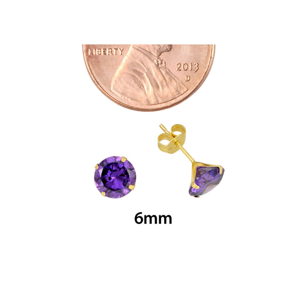 10k Yellow Gold Purple Amethyst CZ Stud Earrings Cubic Zirconia Round Prong Set - Jewelryland.com