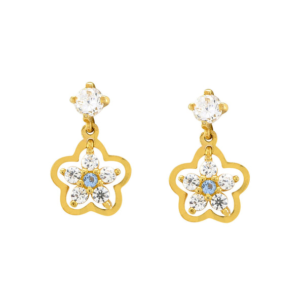 Sterling Silver Flower Dangle Earrings Aqua and White Cubic Zirconia Gold Plated - Jewelryland.com