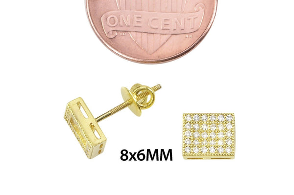 Sterling Silver Yellow Gold Plated CZ Stud Earrings Screwback 6x8 Rectangle - Jewelryland.com