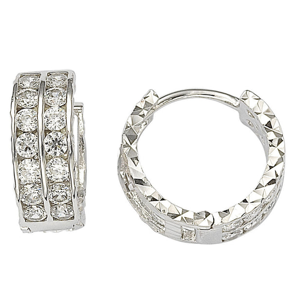 Sterling Silver CZ Hoop Earrings 2 Row Cubic Zirconia CZ 14mm x 6mm - Jewelryland.com