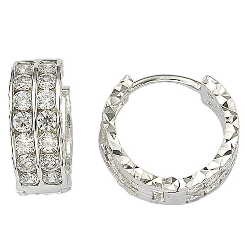 Sterling Silver CZ Hoop Earrings 2 Row Cubic Zirconia CZ 14mm x 6mm - Jewelryland.com