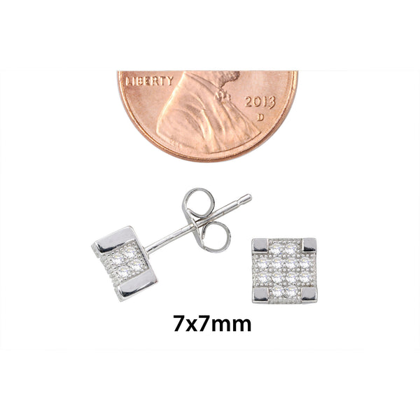 Sterling Silver Micropave Square Stud Earrings Clear Deep 3d Stones 7mm x 7mm - Jewelryland.com