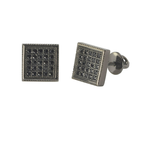 Sterling Silver Screwback Earrings Pave Black Cubic Zirconia CZ Studs 8mm Square - Jewelryland.com