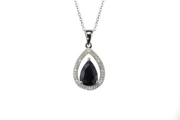 Sterling Silver Diamond (.003ct) and Dark Sapphire Teardrop Pendant Necklace - Jewelryland.com