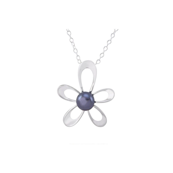 Black Pearl Flower Necklace .925 Sterling Silver, 18" Chain - Jewelryland.com