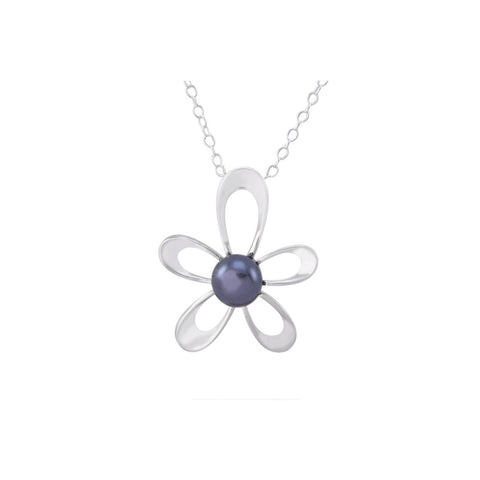 Black Pearl Flower Necklace .925 Sterling Silver, 18" Chain - Jewelryland.com
