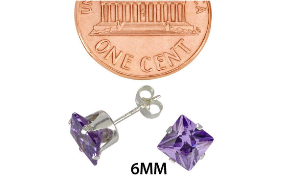Sterling Silver Square Purple CZ Cubic Zironia Stud Earrings February Birthstone - Jewelryland.com
