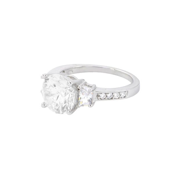 Three Stone Ring Sterling Silver 10mm Cubic Zirconia CZ with Rhodium - Jewelryland.com