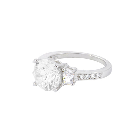 Three Stone Ring Sterling Silver 10mm Cubic Zirconia CZ with Rhodium - Jewelryland.com