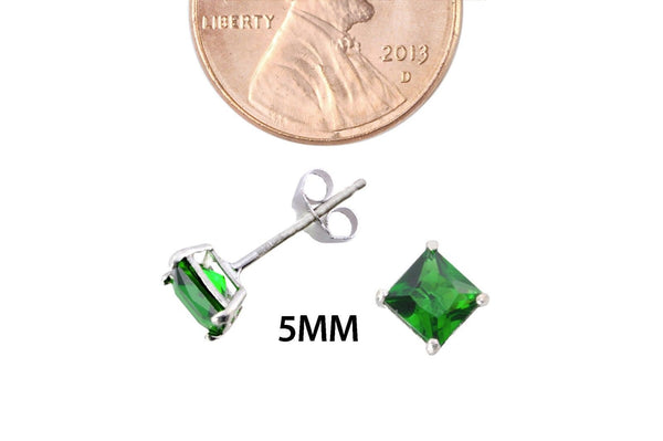 Emerald Earrings Square CZ May Birthstone Stud Earrings .925 Silver Basket Set - Jewelryland.com