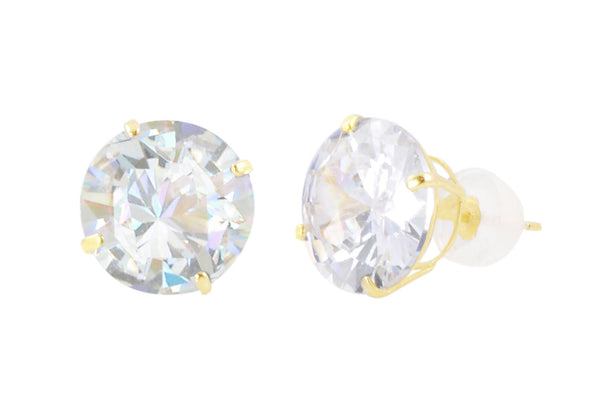 14k Yellow Gold Clear Round Basket Cubic Zirconia Stud Earrings Silicone Backs - Jewelryland.com