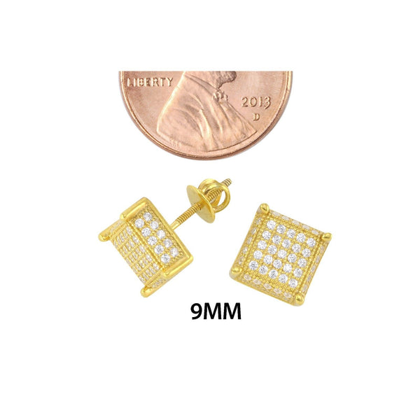 Screwback Earrings Sterling Silver Yellow Gold 9mm Square 3d 2 Row CZ Sidestones - Jewelryland.com