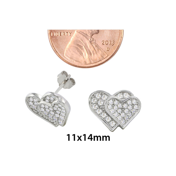 Double Heart Earrings Sterling Silver Micropave CZ Cubic Zirconia 11mm x 14mm - Jewelryland.com