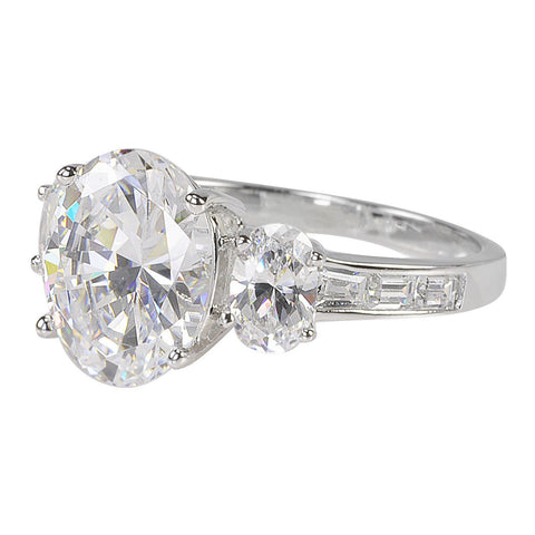 Three Stone CZ Ring .925 Sterling Silver Oval Cubic Zirconia 9mm x 11mm - Jewelryland.com