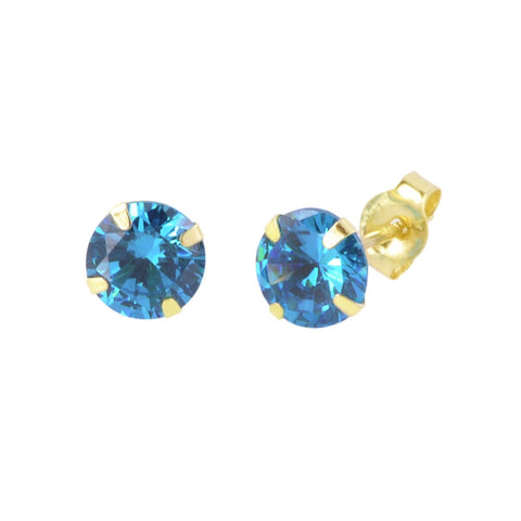 14k Yellow Gold Blue Topaz Cubic Zirconia Stud Earrings Round Birthstone CZ - Jewelryland.com