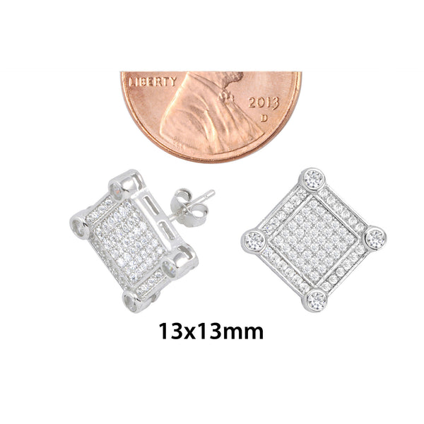 Sterling Silver Mens Stud Earrings Square Micropave Frame Cubic Zirconia 13mm - Jewelryland.com