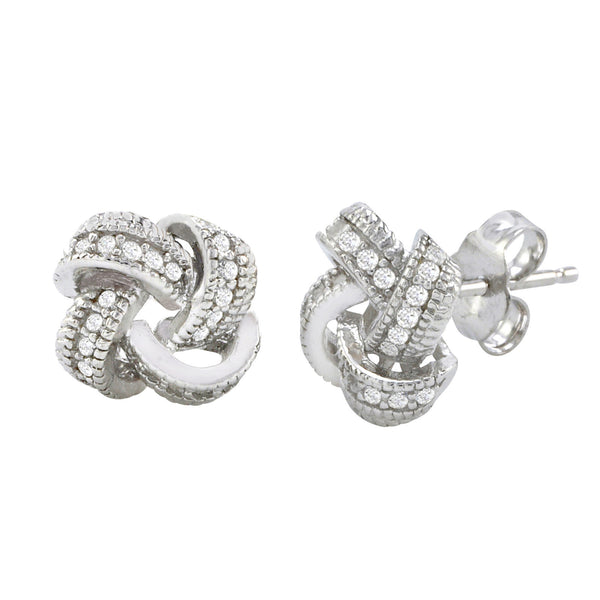 Sterling Silver Love Knot Stud Earrings Micropave Cubic Zirconia Accents 9mm - Jewelryland.com