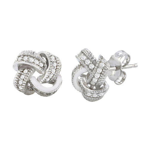 Sterling Silver Love Knot Stud Earrings Micropave Cubic Zirconia Accents 9mm - Jewelryland.com