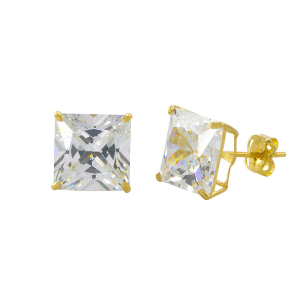 10k Yellow Gold Square Stud Earrings Clear CZ Cubic Zirconia Princess Cut Basket - Jewelryland.com