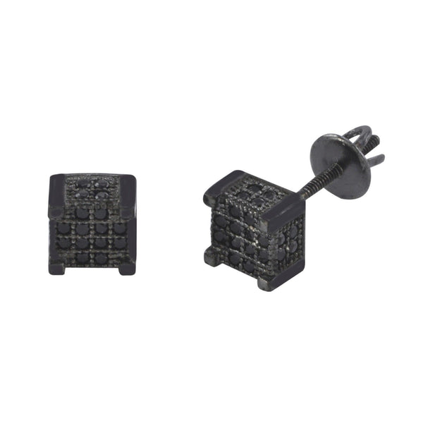 Sterling Silver Black CZ Stud Screw Back Earrings 6mm 3d Square Shape - Jewelryland.com