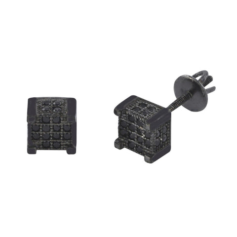 Sterling Silver Black CZ Stud Screw Back Earrings 6mm 3d Square Shape - Jewelryland.com