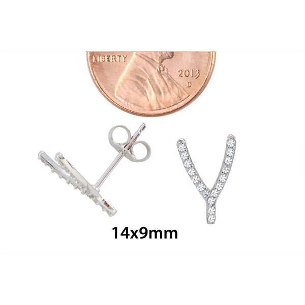 Sterling Silver Wishbone Earrings Micro Pave Cubic Zirconia CZ Studs 14mm x 9mm - Jewelryland.com