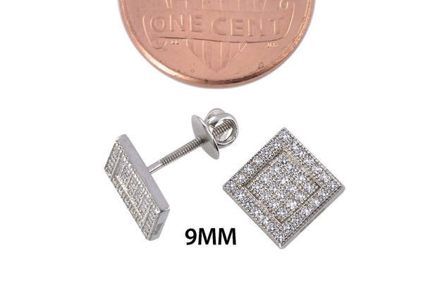 Mens CZ Stud Earrings Sterling Silver Screwback Raised CZ Border 9mm Square - Jewelryland.com
