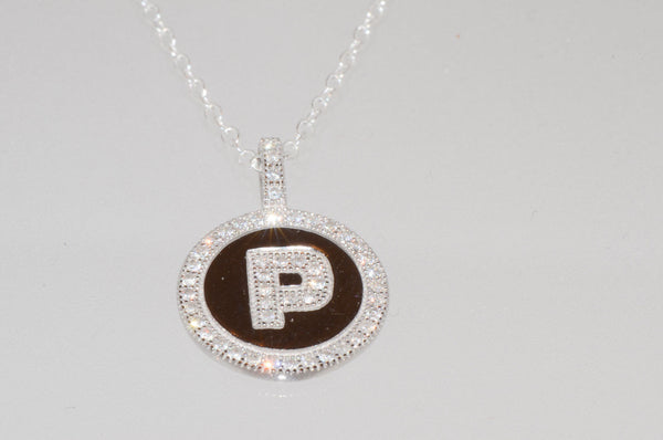 Sterling Silver Letter P Initial Pendant & Necklace CZ Cubic Zirconia micropave - Jewelryland.com
