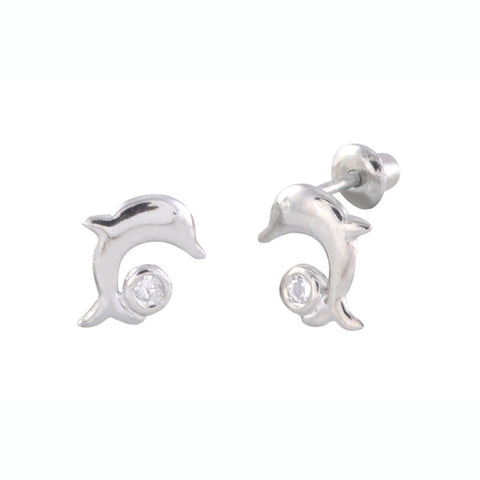 Dolphin Screwback Stud Earrings Small .925 Sterling Silver 9mm Clear CZ - Jewelryland.com