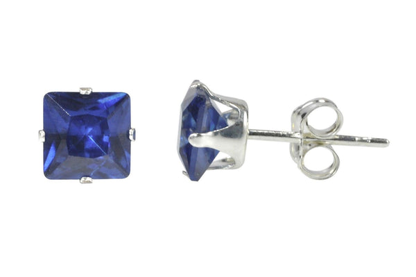 Sapphire CZ Earrings Silver Square Blue September Birthstone Studs Prong Zircon - Jewelryland.com