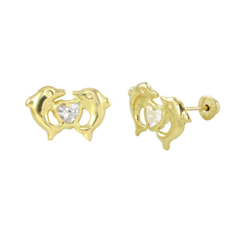 10k Yellow Gold Two Dolphin Stud Earrings Screwbacks Heart Clear Cubic Zirconia - Jewelryland.com