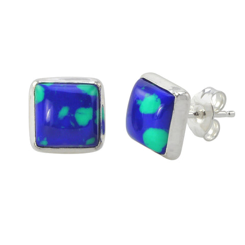 Azurite Malachite Stud Earrings 925 Sterling Silver 9mm Square - Jewelryland.com