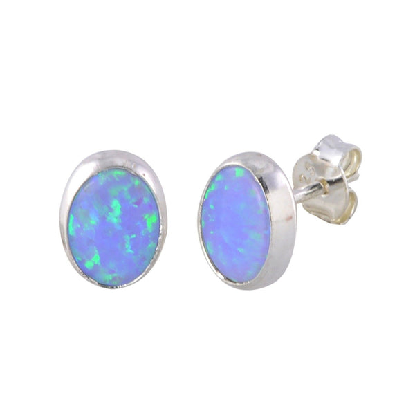 Opal Gemstone Stud Earrings Sterling Silver Periwinkle Green 7mm x 9mm Oval - Jewelryland.com